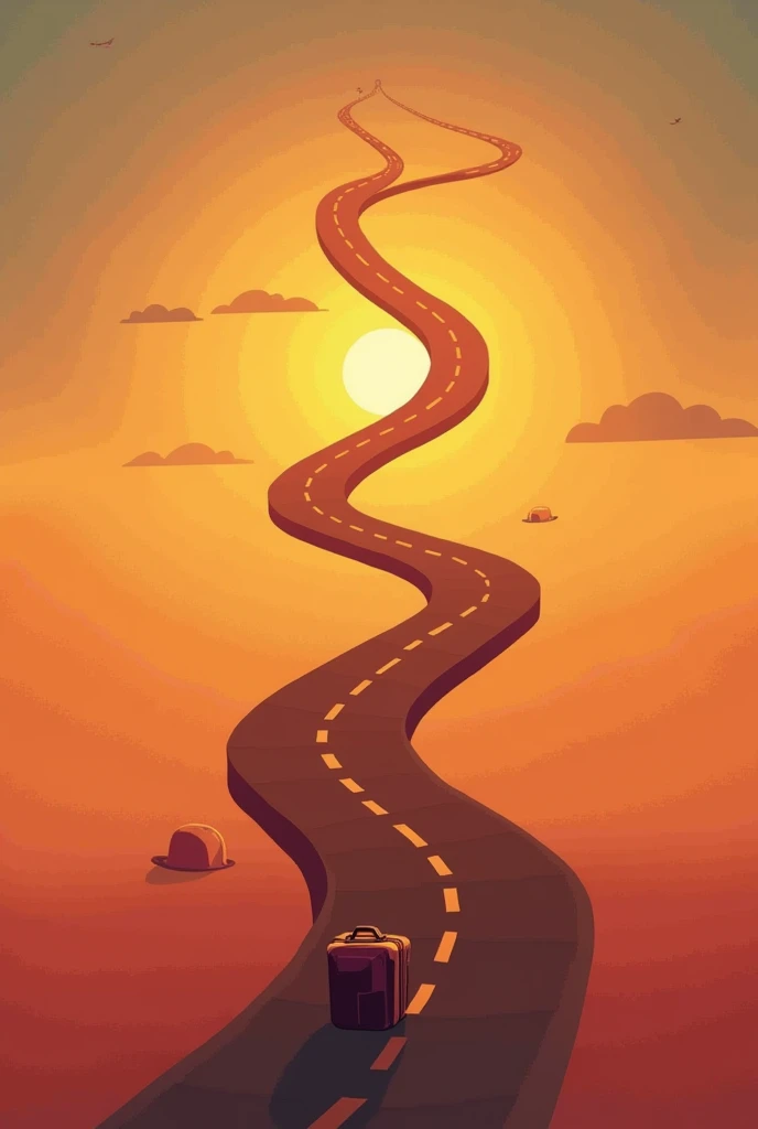 The path should be long and winding, with a warm, sunset-like color palette. The letters should vary in size, floating upwards from the suitcase

