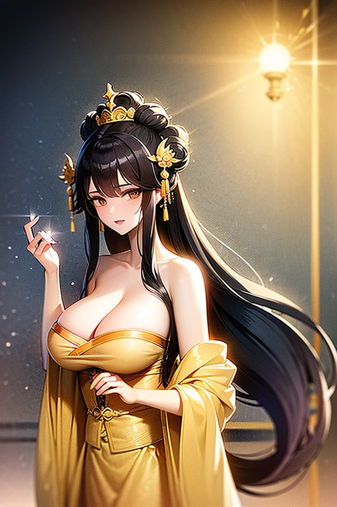 Black Hair, Immortal, Beauty, Royal sister, Stepmother, Gold Yellow Taoist robe, Golden Phoenix Coronet, Hair Bunch, Big Breasts , Mature Woman，Sunshine