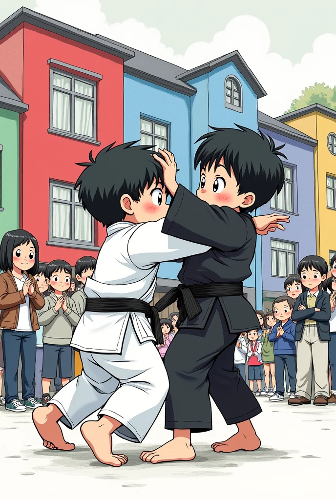 Drawing of black and white children fighting judo, with other children cheering. In the background, a school with external walls each one a different color