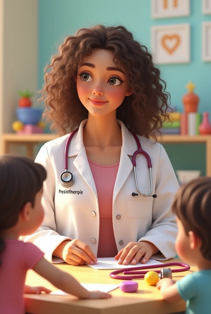 A slightly chubby white woman, brown curly hair, in a lab coat with Physiotherapist written on the side, sitting at a table with children's toys and a wine stethoscope