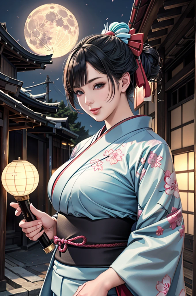 (Browsing Caution), (RAW Photos), (Realistic), (Photorealistic), Ultra-high resolution, masterpiece, Highest quality, Portraiture, facial Portraiture, Perfect lighting, Detailed lighting, Dramatic Shadows, Ray Tracing, Pure Eros Face_v1, Urzan-6500-v1.1, ((smile)), ((upper body:1.2)), ((random sexy pose)), looking at viewer, ((wearing a kimono)), ((holding a Japanese Katana)), ((in old Japanese street)), ((night)), ((full moon)), ((background with Cherry blossom)), ((Japanese tattoo)),