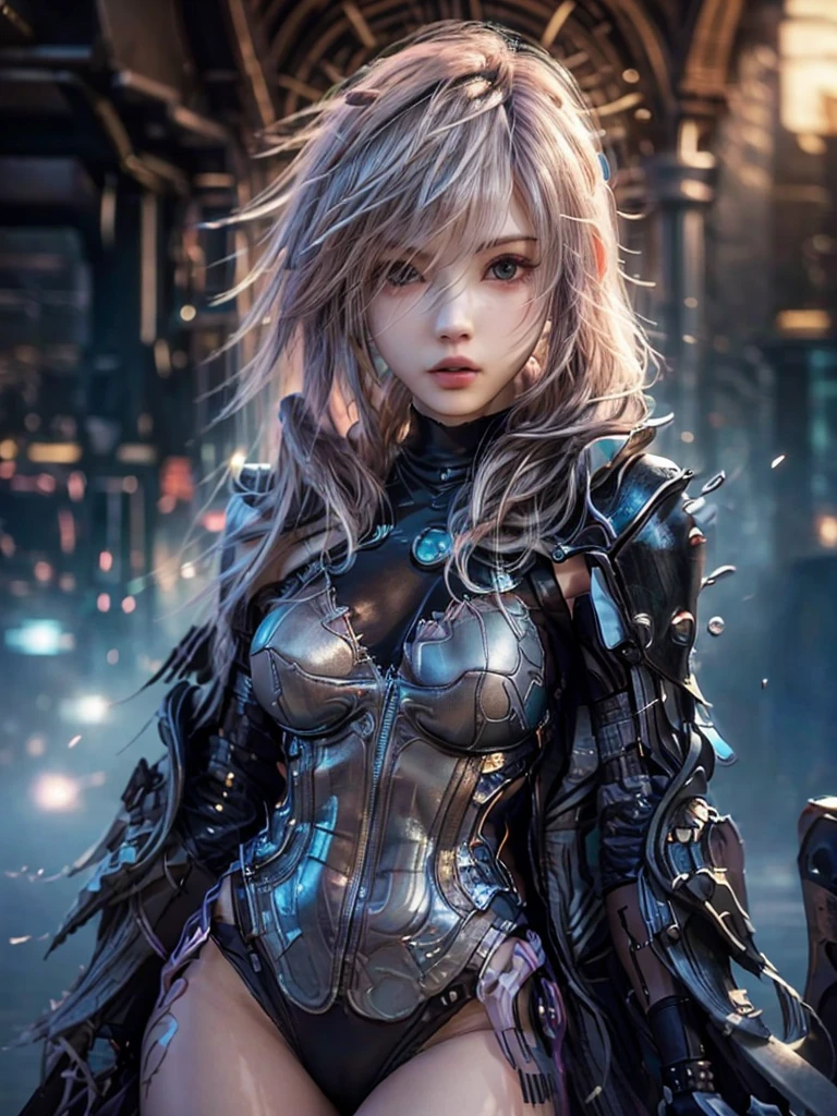 masterpiece, best quality, extremely detailed CG unity 8k wallpaper, Cool woman, Black detailed cyberpunk long coat, The background is a realistic cityscape, Anatomical Hand, Realistic texture, bokeh photography, (soft focus):1.2, out-of-focus highlights, dreamy ambiance, glowing circles, mesmerizing depth, Depth of subject