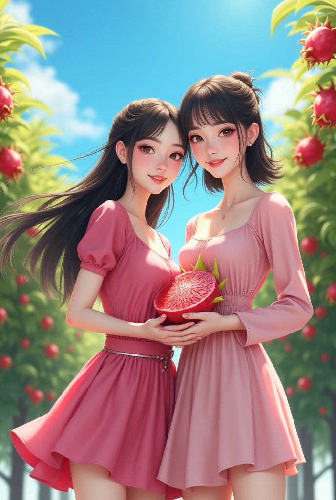 (ultra-detailed,highres,realistic:1.2),2girls,beautiful detailed eyes,beautiful detailed lips,detailed eyelashes,((big dragon fruit orchards)), every where Dragon fruit orchards,red dragon fruits,blue sky,vibrant colors,Korean girl,modern fashion style,smiling face,standing posture,posing for a photo,soft sunlight, gentle breeze, dragon fruits in hands, Beautiful Pink Mini Frock,