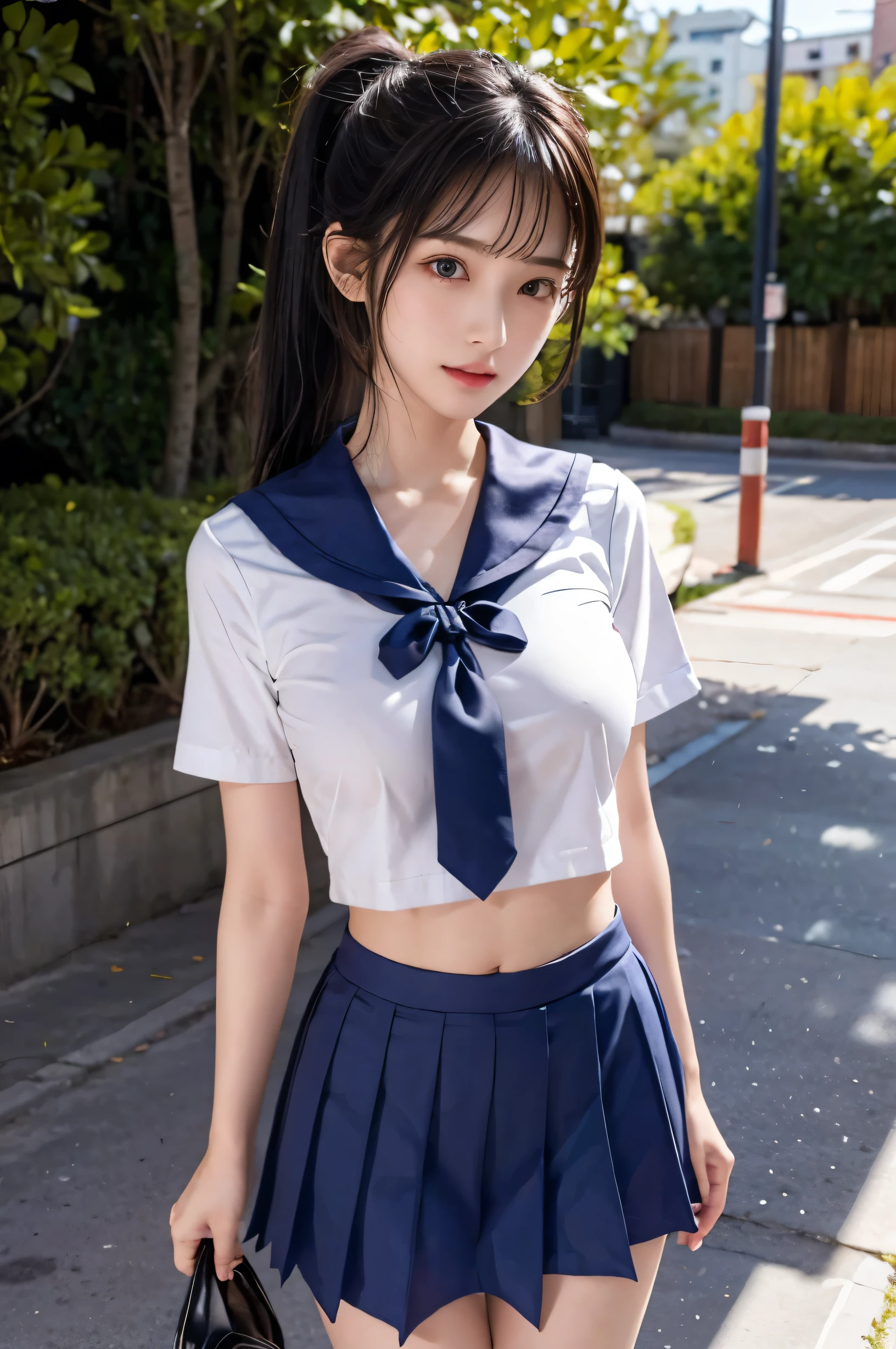 (Ultra HD), (Short-sleeved sailor uniform, Extremely short navy blue skirt), Big Breasts, slender, Narrow waist, (The belly button is visible:1.0), whole body, Standing posture, (Clean and shiny skin, Whitening, No makeup), (Super slim face, Super beautiful face), (ponytail, Layered Cut, Fluffy hair), (double eyelid, Slanted eyes), Small Nose, Thin lips, Thin legs, In front of the school gate