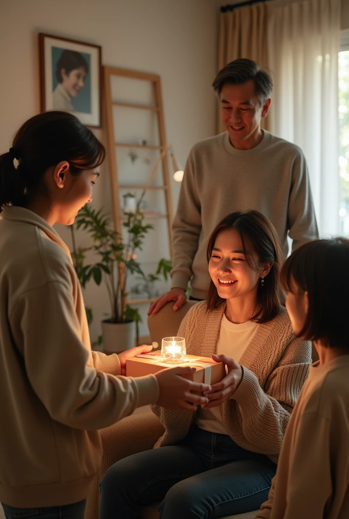 A warm and emotional asia family scene with four people in a cozy living room. The focus is on a 35-year-old daughter with medium-length hair, wearing a casual yet stylish outfit, as she hands a beautifully wrapped gift to her mother, a woman in her late 50s with a kind smile, dressed in a comfortable sweater. The mother is sitting on a comfortable chair, clearly touched by the gesture. The father, a man in his early 60s with a gentle demeanor, is standing nearby, looking on with pride and affection. A younger sibling, around 30 years old, stands close by, watching the moment with a warm smile. The room is decorated with soft lighting, a family portrait on the wall, and a few plants, creating a loving and intimate atmosphere.