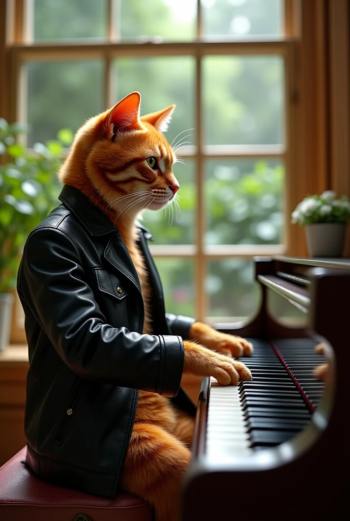 Humanoid orange cat playing a song in front of a professional piano ,sitting in front of a window through which you can see an interior garden ,,He has an elegant black or grey leather jacket , he is playing the piano...