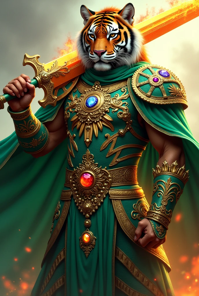 Warrior in green clothes , showing tiger face with fire sword , gold armour, couraça no peito cerulean cheia de pedras preciosas verde,rot, purple,cerulean,yellow,Safira branca Greva cerulean, green shield