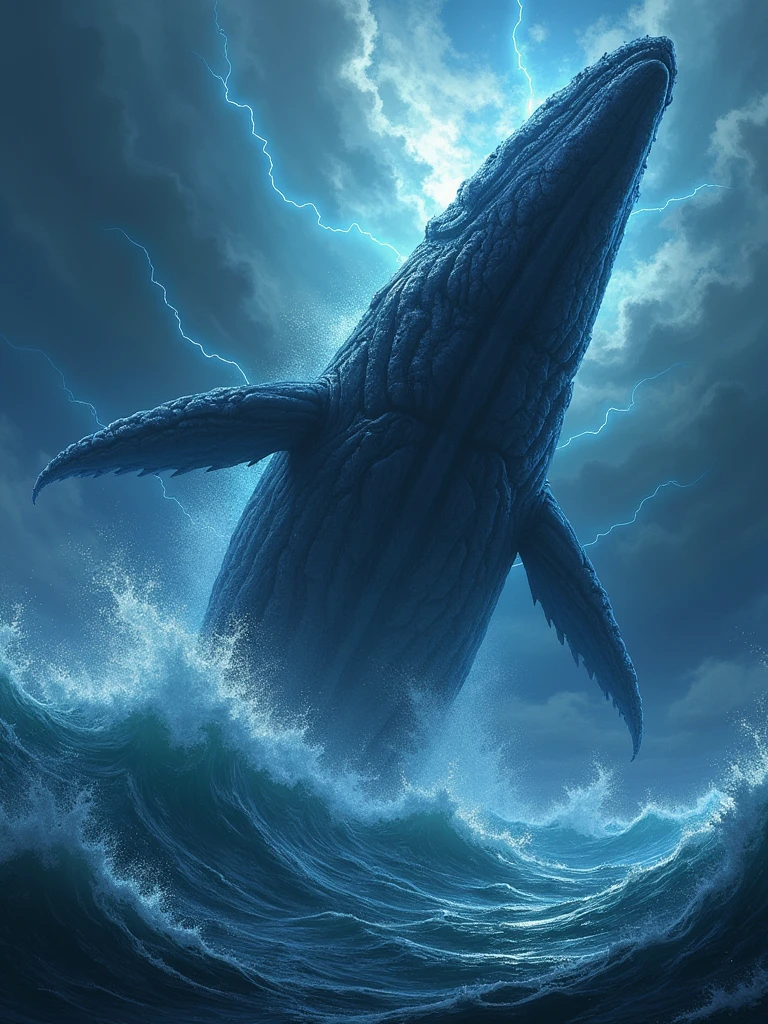 /imagine prompt: An epic anime scene of a massive black whale-like monster, breaching the surface of the deep sea, creating massive waves. The creature has a majestic and fearsome appearance, with glowing accents and a powerful presence, captured from a dynamic angle. The background features a stormy ocean and a dark sky, with lightning illuminating the scene, adding to the cinematic effect. Created Using: precise linework, intense colors, high detail, anime-inspired technique, digital painting, high-definition quality, dynamic lighting, deep shadows