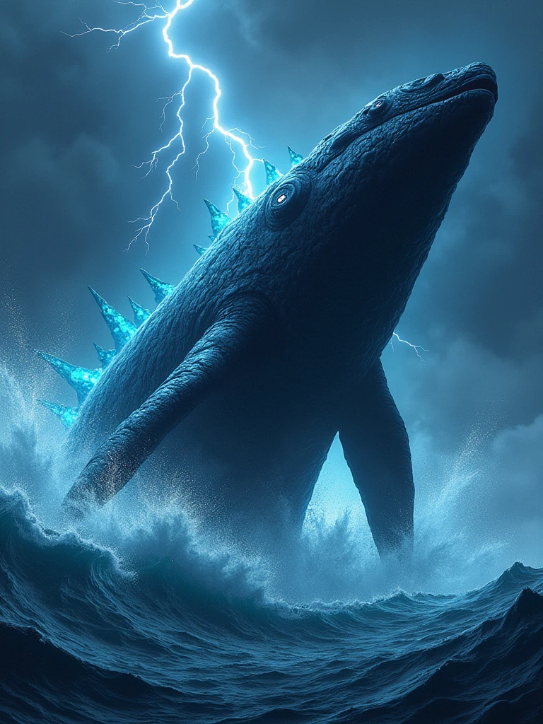 /imagine prompt: An epic anime scene of a massive black whale-like monster, breaching the surface of the deep sea, creating massive waves. The creature has a majestic and fearsome appearance, with glowing accents and a powerful presence, captured from a dynamic angle. The background features a stormy ocean and a dark sky, with lightning illuminating the scene, adding to the cinematic effect. Created Using: precise linework, intense colors, high detail, anime-inspired technique, digital painting, high-definition quality, dynamic lighting, deep shadows 