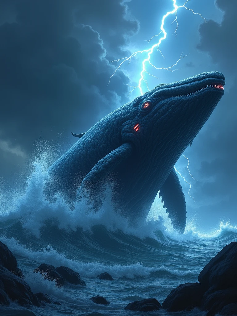 /imagine prompt: An epic anime scene of a massive black whale-like monster, breaching the surface of the deep sea, creating massive waves. The creature has a majestic and fearsome appearance, with glowing accents and a powerful presence, captured from a dynamic angle. The background features a stormy ocean and a dark sky, with lightning illuminating the scene, adding to the cinematic effect. Created Using: precise linework, intense colors, high detail, anime-inspired technique, digital painting, high-definition quality, dynamic lighting, deep shadows 