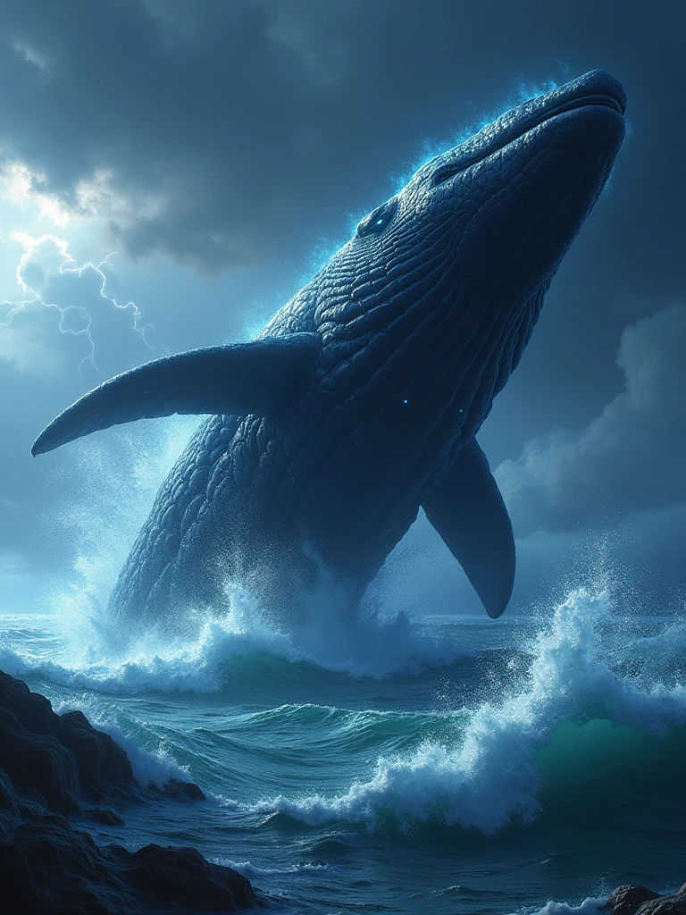 /imagine prompt: An epic anime scene of a massive black whale-like monster, breaching the surface of the deep sea, creating massive waves. The creature has a majestic and fearsome appearance, with glowing accents and a powerful presence, captured from a dynamic angle. The background features a stormy ocean and a dark sky, with lightning illuminating the scene, adding to the cinematic effect. Created Using: precise linework, intense colors, high detail, anime-inspired technique, digital painting, high-definition quality, dynamic lighting, deep shadows