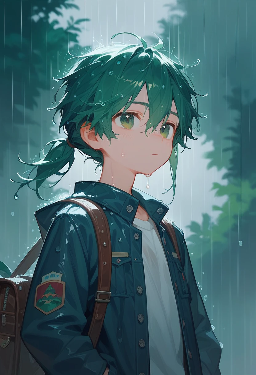 (Score_9,Score_8_up,Score_7_up), masterpiece, anime, cute young boy, wet hair, rain, student, long hair, green hair, (school background), upper half portrait, solo, hair_between_eyes, cowboy shot, (lower ponytail)