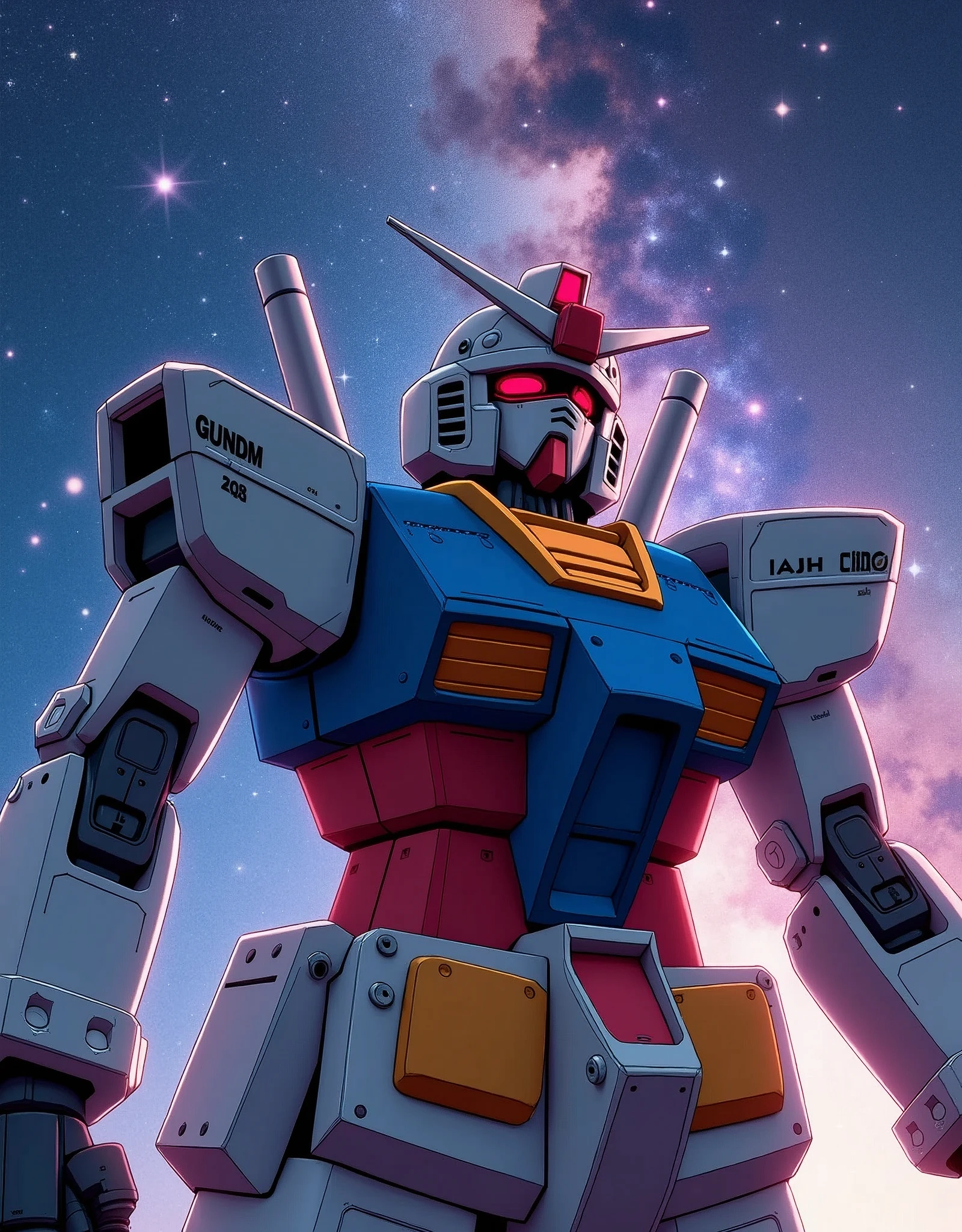 (masterpiece),(Highest quality),(Very detailed:1.0),(Ultra-high resolution),8k,wallpaper,(Best illustrations),(Anime Style),(Hard Edge),robot,機動戦士Gundam,Gundam,RX78-2,(((Twin Eye))),(milky way),(Detailed face drawing),dynamic