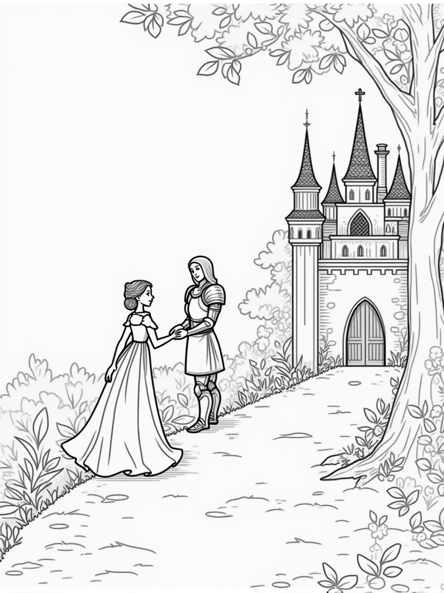 Classic fairy tale scenes in line art, including castles, princesses, dragons, fairies, and knights. The illustrations should capture the magic and wonder of stories like 'Cinderella,' 'Beauty and the Beast,' and 'Jack and the Beanstalk