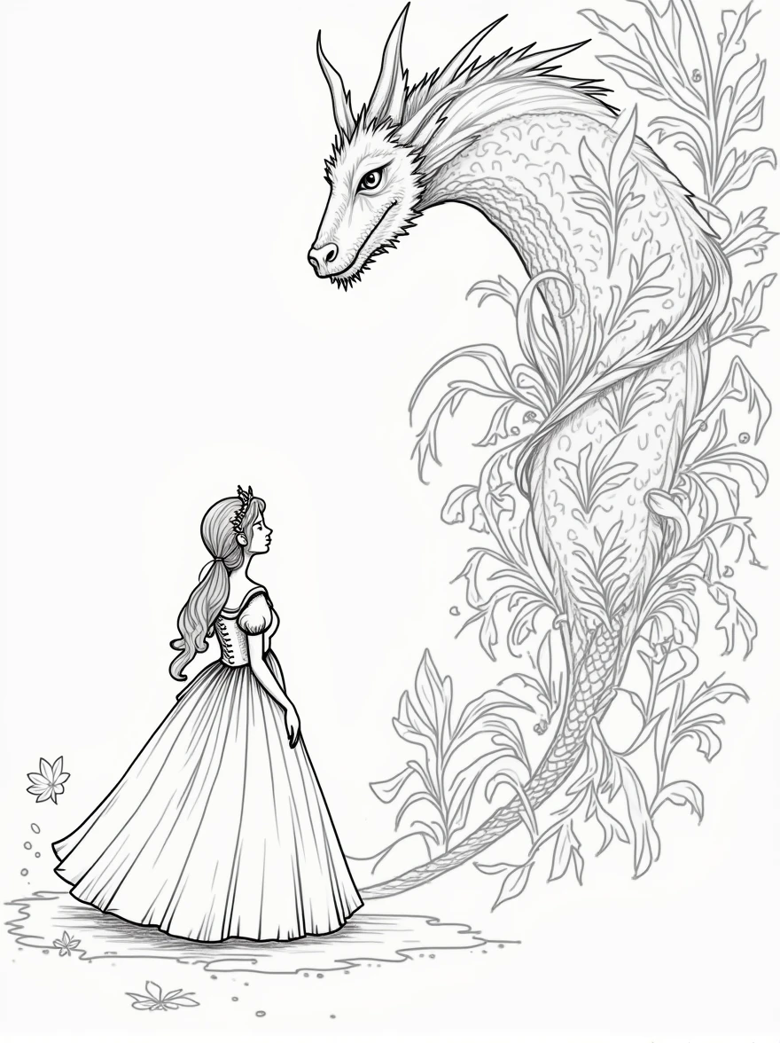 Classic fairy tale scenes in line art, including castles, princesses, dragons, fairies, and knights. The illustrations should capture the magic and wonder of stories like 'Cinderella,' 'Beauty and the Beast,' and 'Jack and the Beanstalk