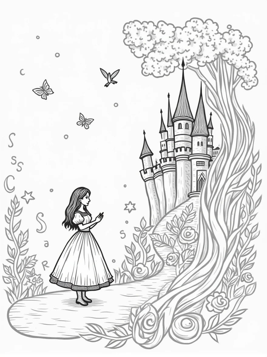 Classic fairy tale scenes in line art, including castles, princesses, dragons, fairies, and knights. The illustrations should capture the magic and wonder of stories like 'Cinderella,' 'Beauty and the Beast,' and 'Jack and the Beanstalk