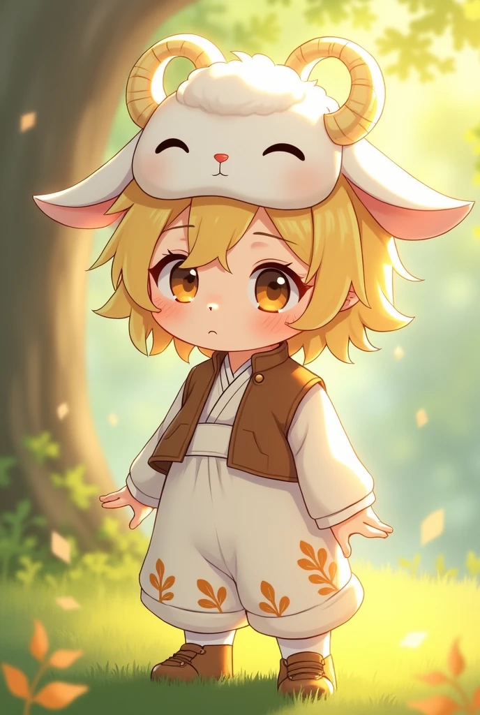 A spirit that has the appearance of a child of approximately , with pale skin having a yellow gradient even on the hands and feet and short wavy honey-colored hair. He wears a simple white linen jumpsuit, with subtle details of orange leaves embroidered on the hem and a short brown leather vest on top. Along with his presence there is a soft, golden aura, that seems to glow slightly around you, especially when he is calming someone or the nature around him. Can't see his eyes The mask that is shaped like the head of a white lamb, it covers part of your face, has a delicate and gentle appearance, symbolizing purity and innocence. The ears of the mask, cute and rounded. Genshin style