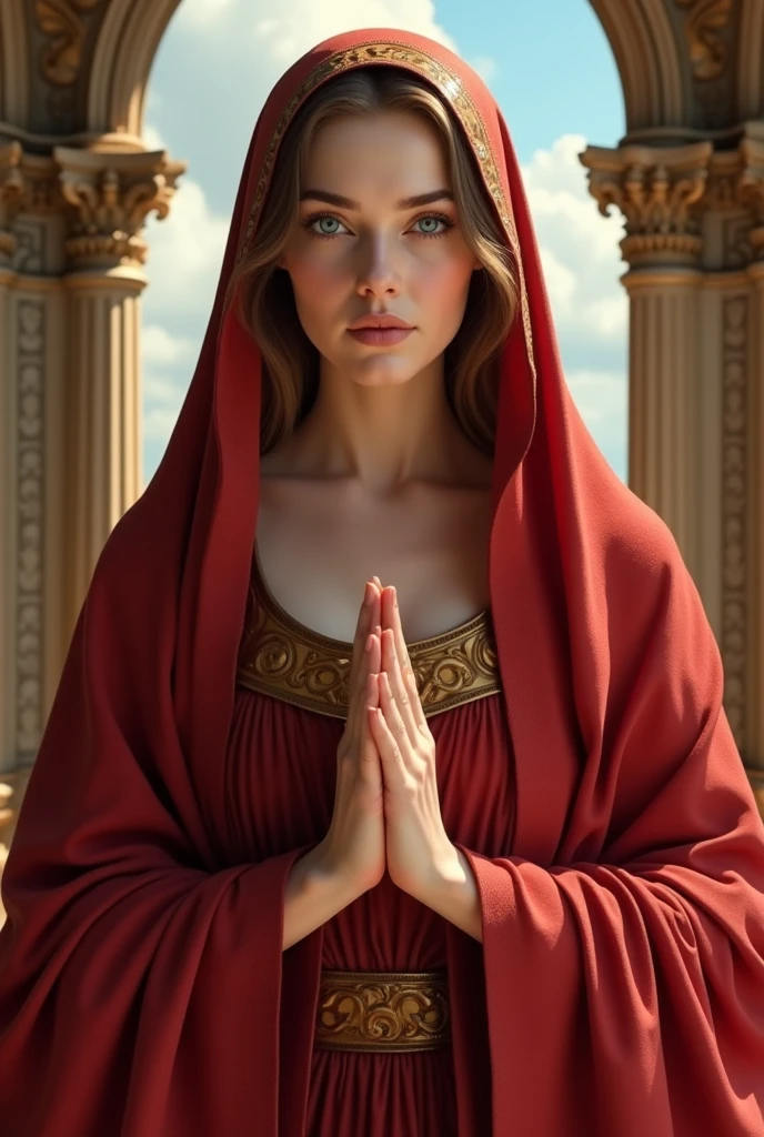 Perfect hand 5 finger, Portrait of a beautiful virgin mary wearing red clothes of queen in the palace, virgin mary, real blue eyes, sunny day, intricate details.real virgin mary, straight head face, Straight body.Prayer jesus, perfect full body, perfect hands finger,Prayer virgin mary, praying virgin mary backgrounds natural photographic