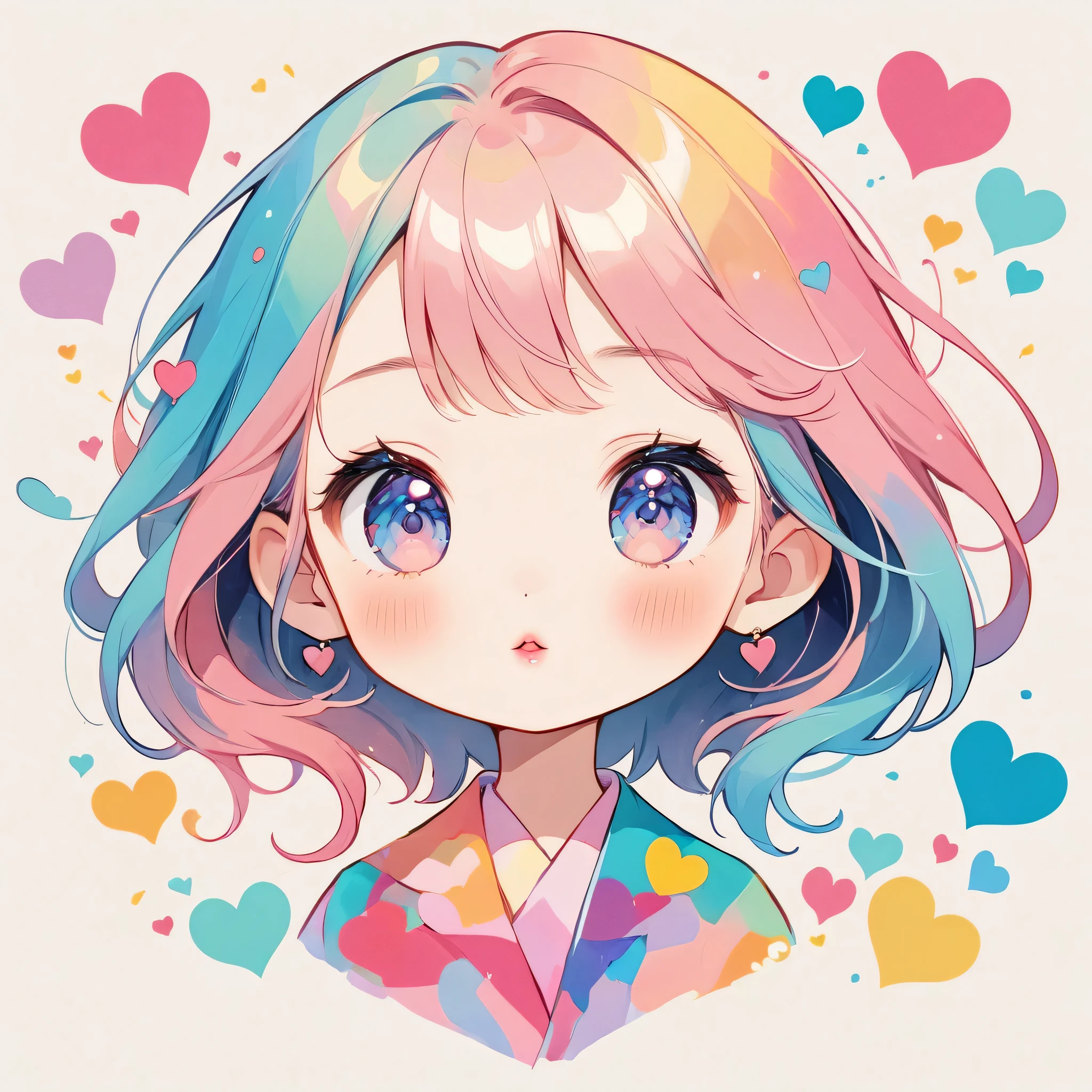 Hayao Miyazaki pastel color style, Simple Line Initialism，Abstract art，Urban Background, (((The most beautiful girl of all time))), chibi, Sweet face. Lips in love, colorful hearts, kawaii design