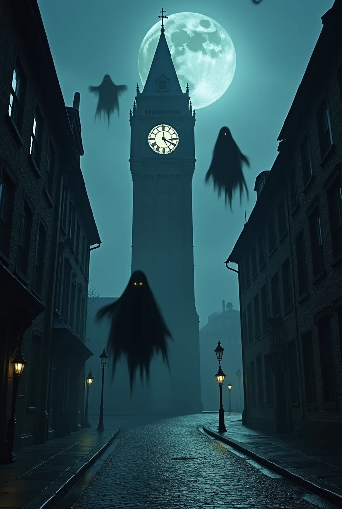 four realistic scary black ghosts flying between a large clock tower at the end of a dark street at midnight