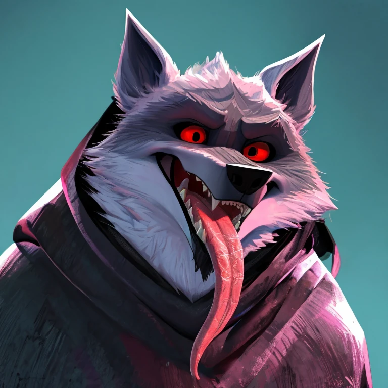 Death (Puss in Boots: The Last Wish), DreamWorks Animation, 2D, Mouth Wide Open, Tongue Out, Long Tongue, Wolf Ears, Anatomically Correct, Funny Face, Raised Eyebrow, Oral Invitation, Simple background, Character Design, Illustration, High Resolution, Super Detailed, Textured Skin, Taste Buds, Single Shot, Full Body