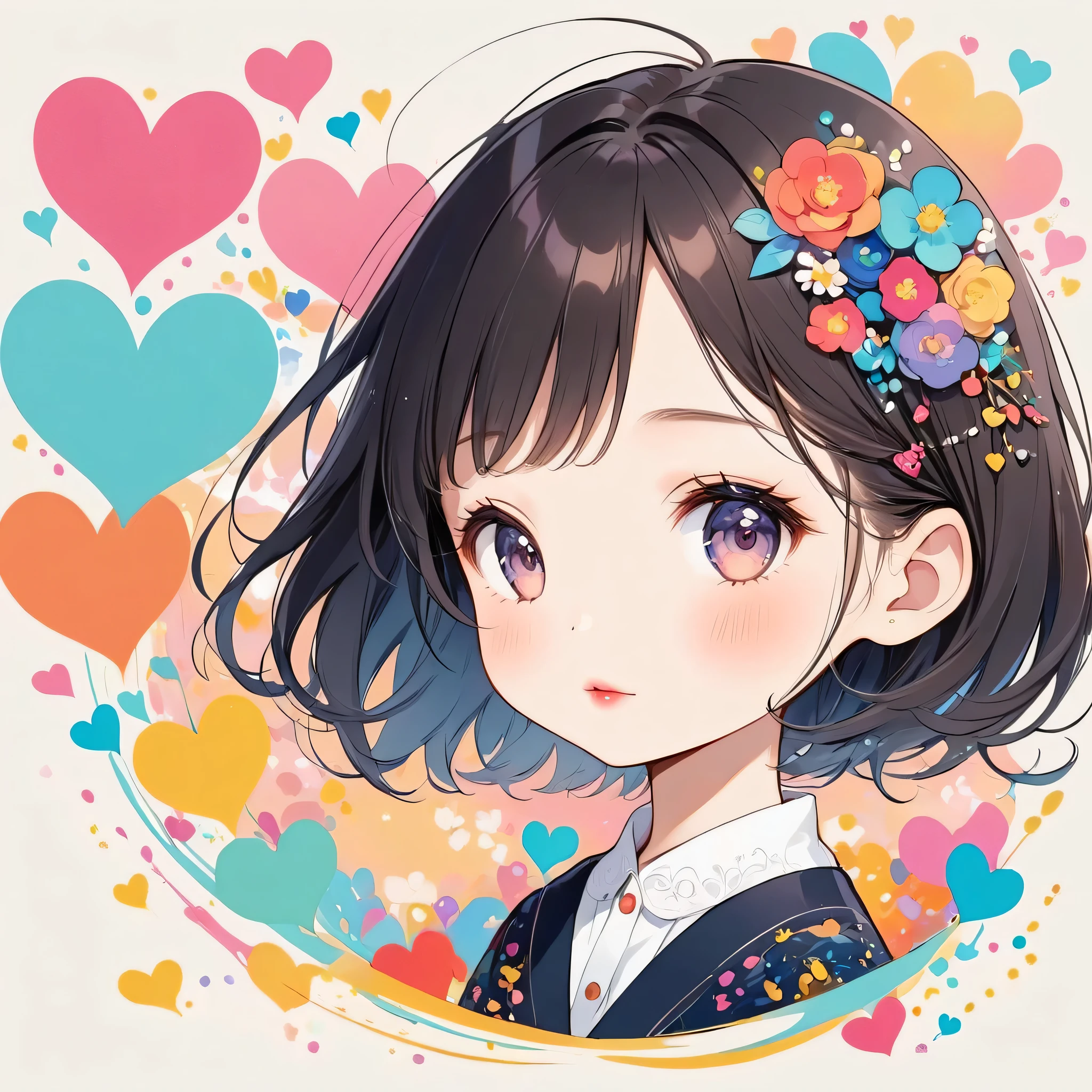 Hayao Miyazaki pastel color style, Simple Line Initialism，Abstract art，Urban Background, (((The most beautiful girl of all time))), chibi, Sweet face. Lips in love, colorful hearts, kawaii design