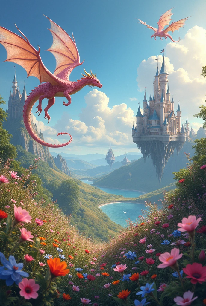 Flower garden with dragons and floating castles drawn in the program