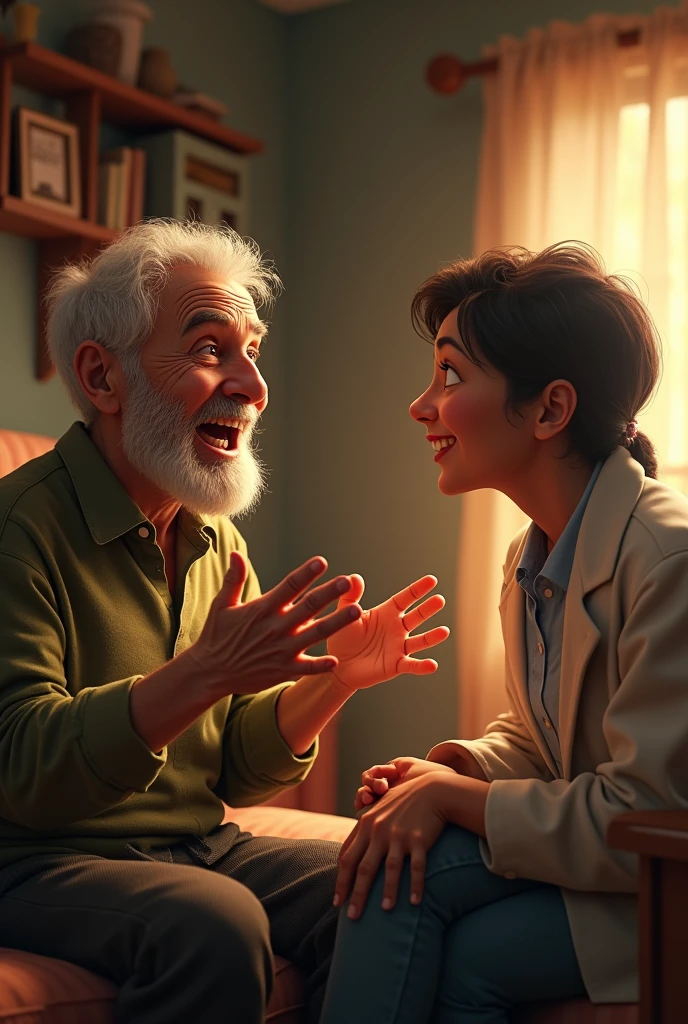 Make an image of an old man saying that he has a future and that he will become a millionaire and his caregiver saying that it is time to sleep and just agreeing