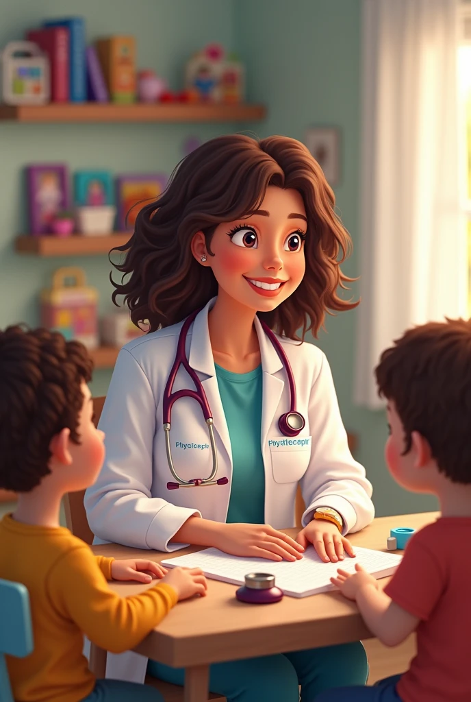 A slightly chubby white woman, brown curly hair, in a lab coat with Physiotherapist written on the side, sitting at a table with children's toys and a wine stethoscope