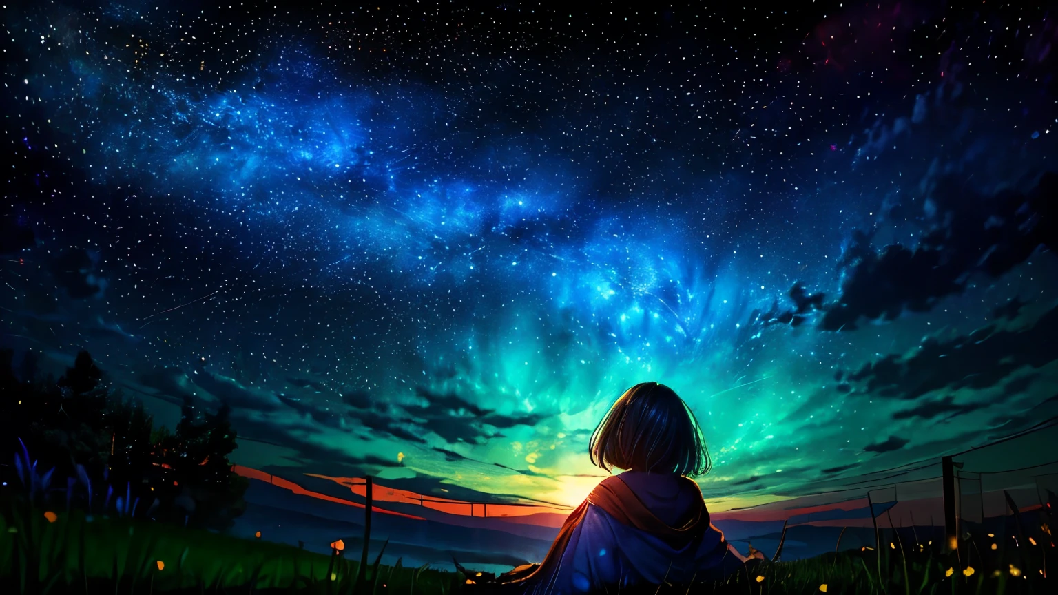 Describe the scene where a pretty girl is lying on a grassy hill..., Look up at the starry sky. Surround her with nebulae and her favorite constellations.
