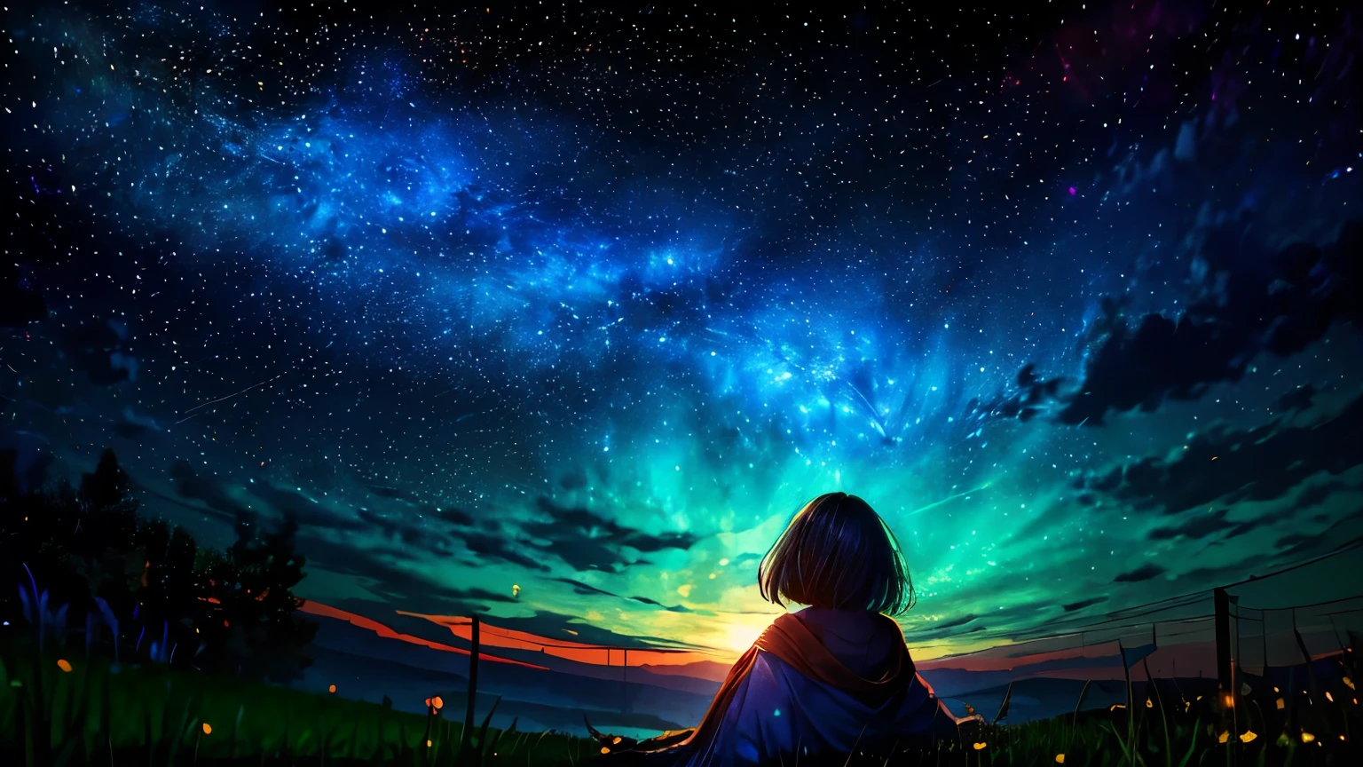 Describe the scene where a pretty girl is lying on a grassy hill..., Look up at the starry sky. Surround her with nebulae and her favorite constellations.