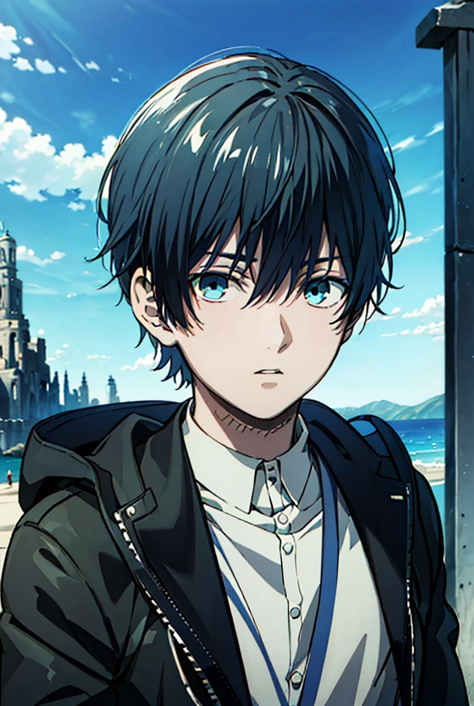 ((best quality)), ((masterpiece)), (ultra-detailed), perfect face, blue sky, boy, solo, black eyes, black hair, black coat, adventurer, gloomy, sword drawing.