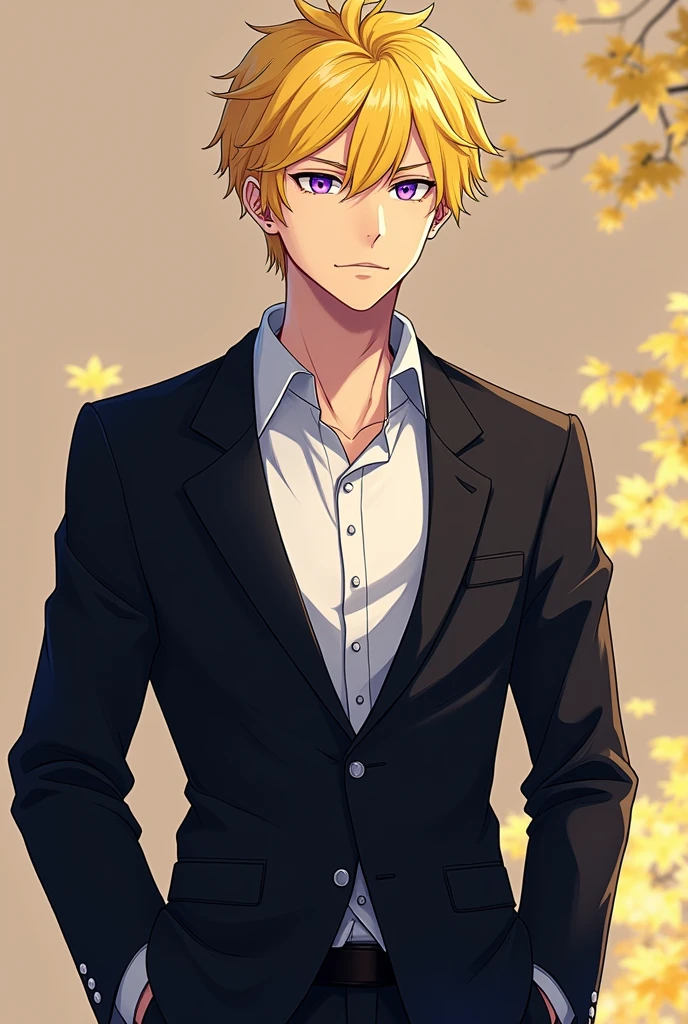 Anime of mashle boy with yellow hair and black with purple eyes design with black suit and white shirt and black pants finn ames version 