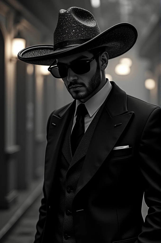 A man in a swindler's suit with dark glasses and a giant Mexican hat