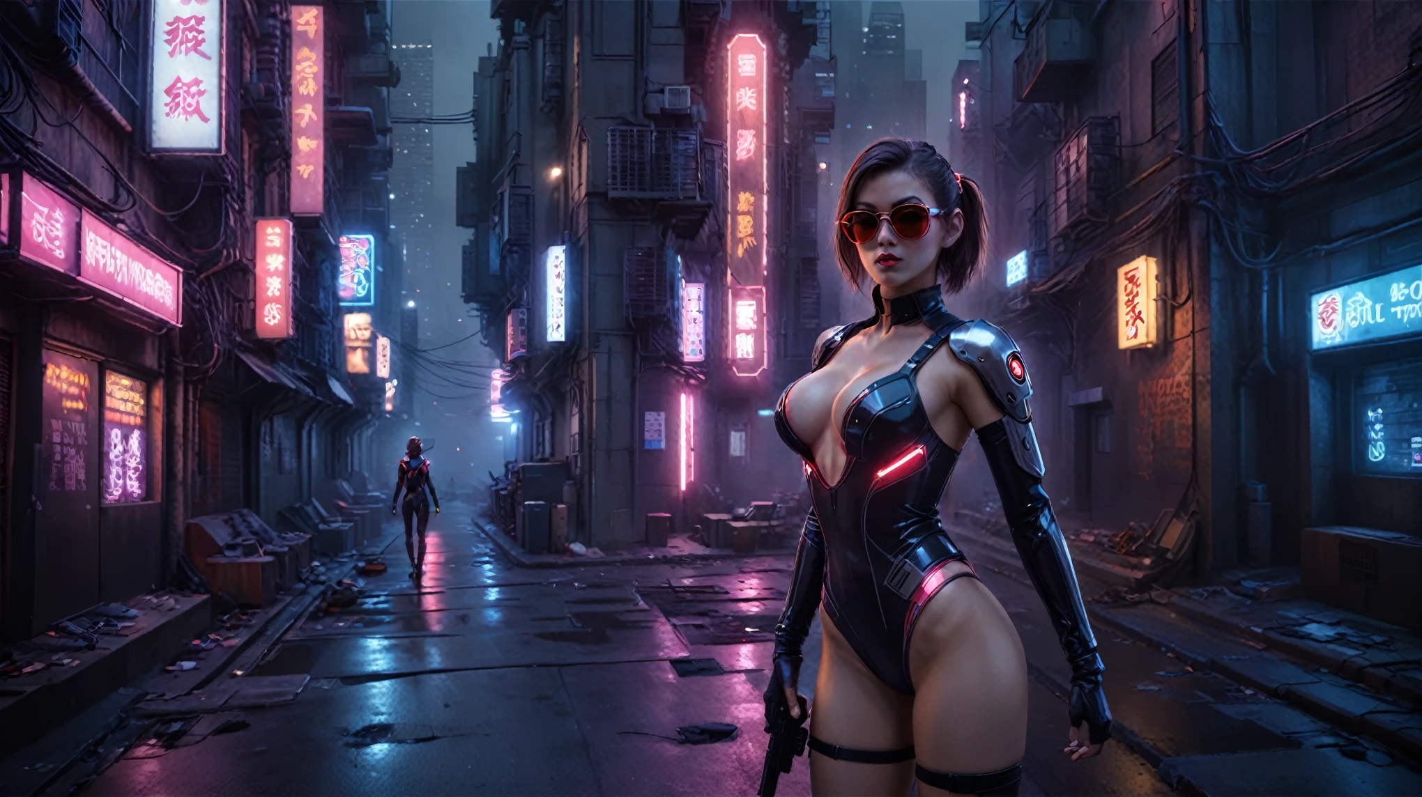 There's a cyborg woman (8k) wearing a futuristic leotard (best quality), aerial view of a cyberpunk city alley at night, (a real monkey on her shoulder), darksynth aesthetic, red neons, haze, foggy night, ultra detailed, photorealistic, (1girl, solo, alone), large-breast:1.2 slim body, cleavage:1.1, (black sunglasses), (holding a pistol), dynamic pose, half-body thigh level medium shot, cinematic lighting, ray tracing.
