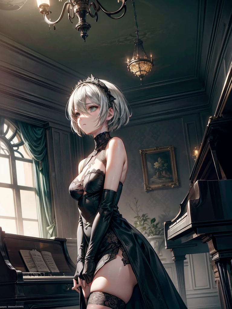 Create an image of 2B from NieR: Automata, seated gracefully at a grand piano, focusing on her detailed facial features. She is wearing her signature black dress with intricate lace detailing and thigh-high boots. Her white hair, slightly tousled, frames her face perfectly. Her blindfold is pulled up to reveal her striking eyes, which are wide and expressive, with a hint of melancholy and determination. Her high cheekbones and soft, slightly parted lips create a serene expression as she concentrates on playing the piano. The setting is a grand, dimly lit room filled with soft ambient light filtering through tall, arched windows, casting long shadows across the polished wooden floor. The piano is a sleek, glossy black, reflecting the room’s elegant features. 2B’s delicate fingers dance over the keys, with her posture conveying grace and poise. The sheet music in front of her is slightly ruffled, suggesting a piece she’s deeply immersed in. Around the room, there are faint remnants of nature reclaiming the space, with small vines creeping along the window sills and a few fallen leaves scattered on the floor. In the background, a large, ornate chandelier hangs from the ceiling, adding a touch of sophistication to the scene. The color palette is a mix of soft grays, blacks, and whites, with subtle hints of green from the vines. The overall atmosphere is tranquil and introspective, capturing a moment of peace and beauty amidst the post-apocalyptic world of NieR: Automata.