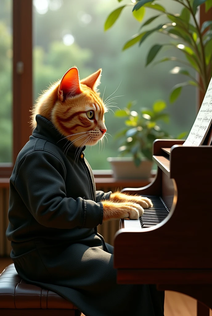 Humanoid orange cat playing a song in front of a professional piano ,sitting in front of a window through which you can see an interior garden ,,has an elegant black or grey waterproof warm jacket , he is playing the piano...