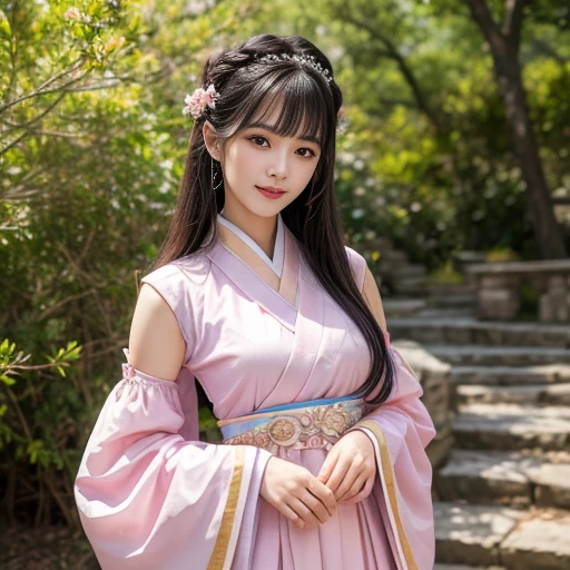 best quality, Delicate face,beautiful visual work, lifelike, eternity, black hair, Long curly hair, blunt bangs, Smile, Detailed Background, Delicate face,blush,cold,((masterpiece))、(top quality)、8k、high detail、Super detailed,31-year-old female,身穿唐制Hanfu、waist skirt, Clothes are light and fluffy,Hanfu, wide sleeves, Transparent sleeves, Tunic, Clothes made of chiffon, masterpiece、born、Scenes resembling fairy tale illustrations、intricate details和複雜的設計、Beautifully、magic、capricious、 Beautifully、Dream aesthetics、「𝓡𝓸𝓶𝓪𝓷𝓽𝓲𝓬、ethereal、charming、fickle、magic」、realism、Visual effects、FXAA、SSAO、Shader、voiceless、ambient lighting、Tone mapping、High resolution、Ultra high quality、Million pixels、(8K resolution:1.10)、8k、8k以下、8K resolution、high detail、intricate details, (high quality:1.2、masterpiece:1.2、:1.21)、(31-year-old female:1.21)、(興奮地Smile)、(被dream般的氛圍所包圍、Model diagram,full-body shot,Normal 2 feet,Put your hands behind you,The protrusion of the breast is visible when wearing clothes, Large Breasts, H cup chest, antiquity, Xian Xia, gauze clothes, Soft and fluttering, Fairy, dream, fantasy, light, Elegant, nature, Immortal, romantic, classical, ribbon, pink clothes, in tall woods, Hands on the waist
