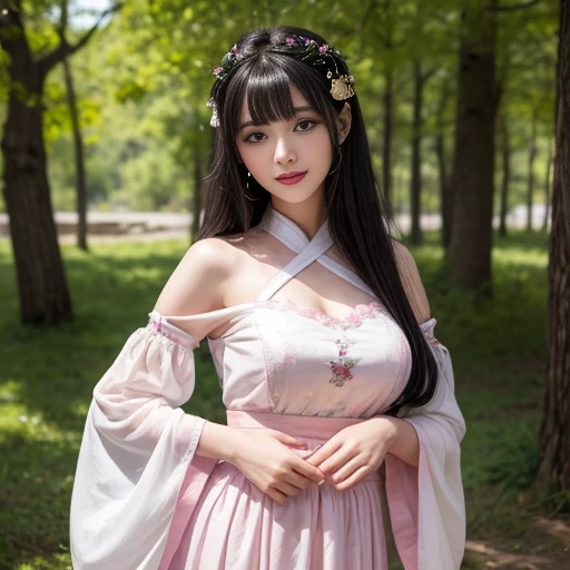 best quality, Delicate face，beautiful visual work, lifelike, eternity, black hair, Long curly hair, blunt bangs, Smile, Detailed Background, Delicate face，blush，cold，((masterpiece))、(top quality)、8k、high detail、Super detailed，31-year-old female，身穿唐制Hanfu、waist skirt, Clothes are light and fluffy，Hanfu, wide sleeves, Transparent sleeves, Tunic, Clothes made of chiffon, masterpiece、born、Scenes resembling fairy tale illustrations、intricate details和複雜的設計、Beautifully、magic、capricious、 Beautifully、Dream aesthetics、「𝓡𝓸𝓶𝓪𝓷𝓽𝓲𝓬、ethereal、charming、fickle、magic」、realism、Visual effects、FXAA、SSAO、Shader、voiceless、ambient lighting、Tone mapping、High resolution、Ultra high quality、Million pixels、(8K resolution:1.10)、8k、8k以下、8K resolution、high detail、intricate details， (high quality:1.2、masterpiece:1.2、:1.21)、(31-year-old female:1.21)、(興奮地Smile)、(被dream般的氛圍所包圍、Model diagram，full-body shot，Normal 2 feet，Put your hands behind you，The protrusion of the breast is visible when wearing clothes, Large Breasts, H cup chest, antiquity, Xian Xia, gauze clothes, Soft and fluttering, Fairy, dream, fantasy, light, Elegant, nature, Immortal, romantic, classical, ribbon, pink clothes, in tall woods, Hands on the waist