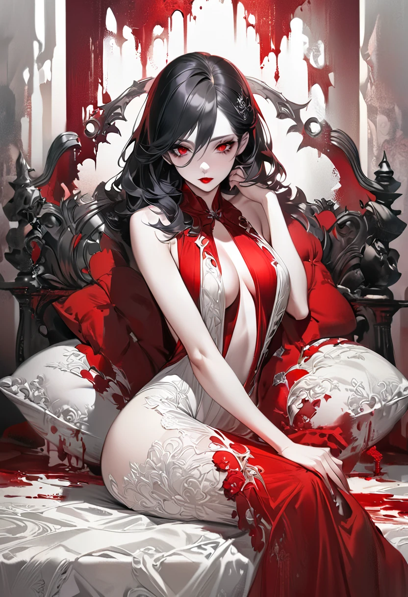 ((ultra realistic illustration:1.2)),(dark fantasy:1.4), (seductive). In a ornate bed chamber. Beautiful vampiress. long black hair, red eyes, ((very pale:1.4)), beautifully fit figure, natural perky breasts. Blood red lipstick, long sheer gown, .Masterpiece, (highly detailed:1.2),(detailed face and eyes:1.2), 8k wallpaper, natural lighting. core shadows, high contrast, bokeh.