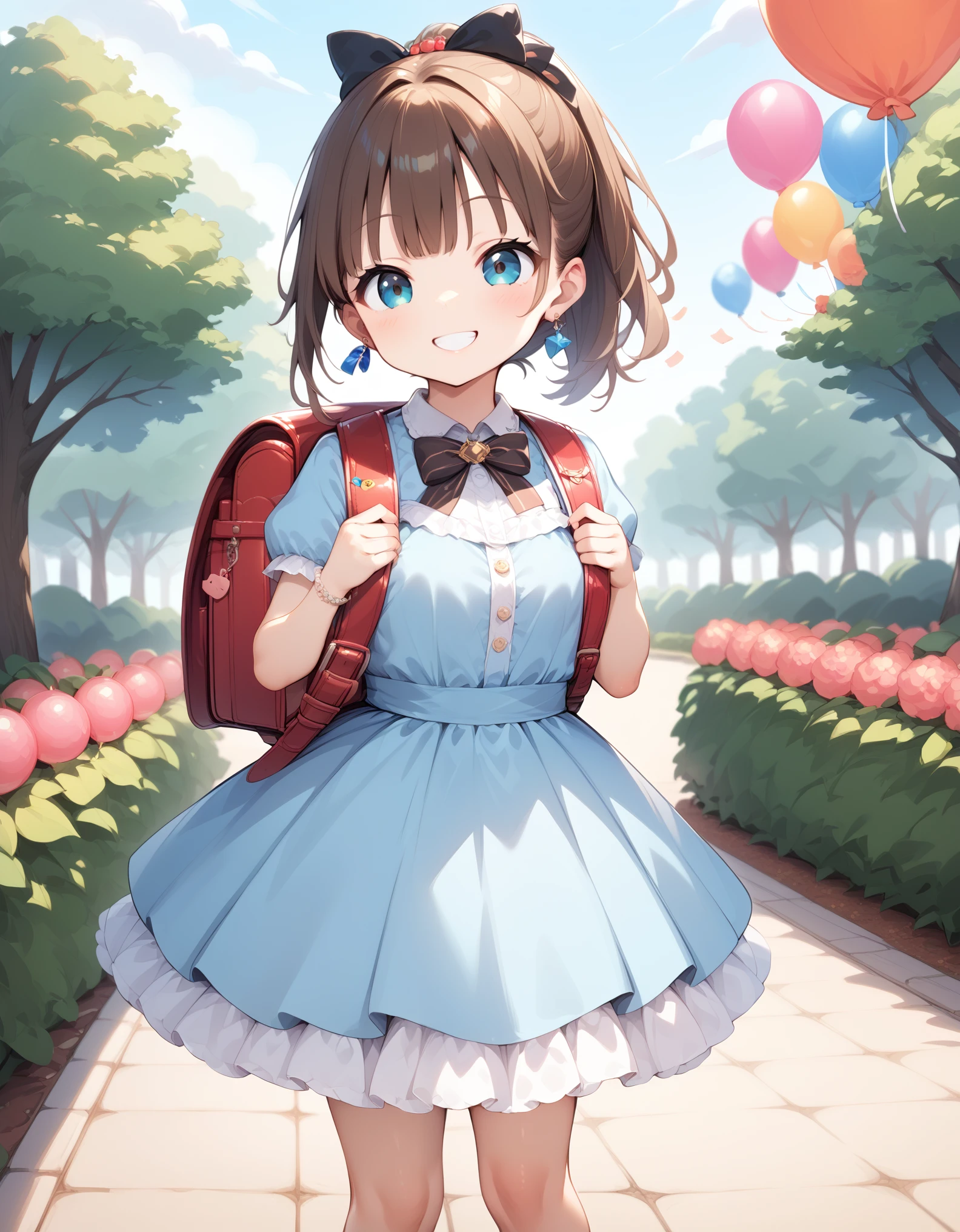 Masterpiece, hd, 1girl, best quality, brown hair, medium hair, ponytail, hair ribbon, earrings, jewelry, wearing  dress, (party dress:1.2), cute dress, frilly dress, short sleeves, bowtie, hair ornaments, smile, happy, standing, outdoor, park, daytime, wearing randoseru backpack, (backpack:1.2)