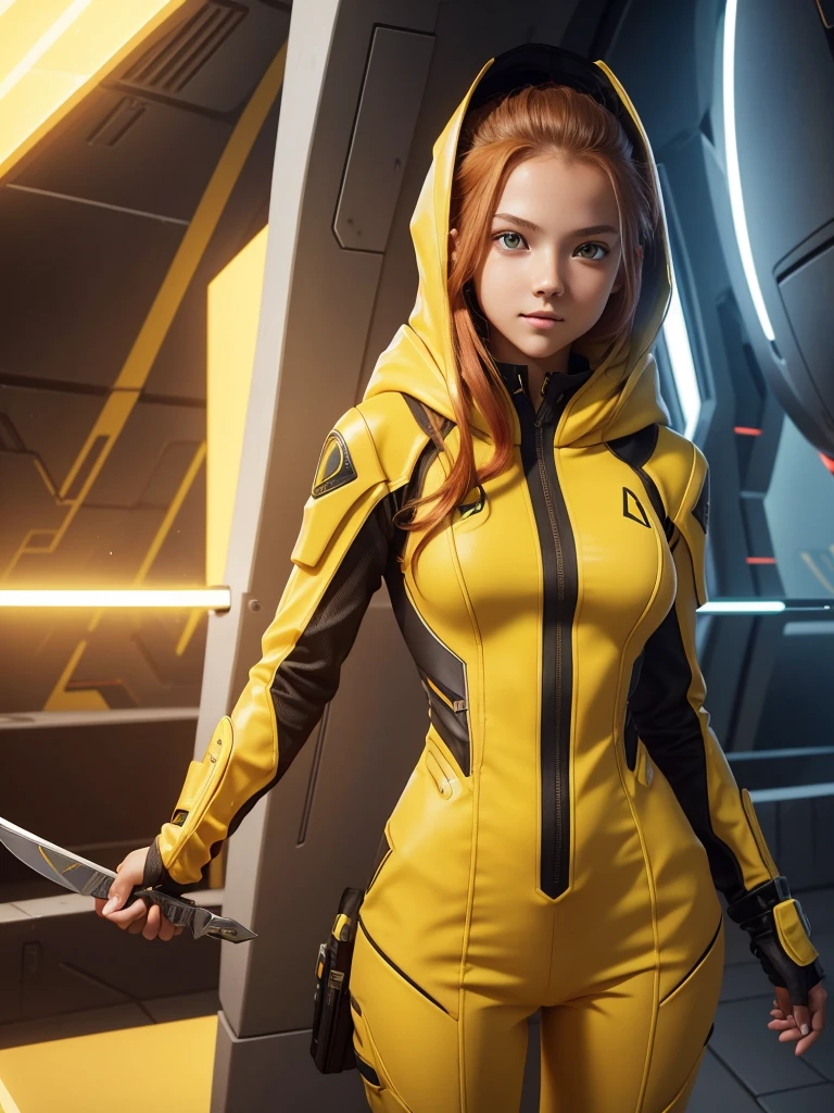 1 teenage girl. Beautiful teenage girl. 12 years old. Beautiful futuristic assassin. White skin. Futuristic army base. Ginger hair. Yellow sexy futuristic suit. Cleavage. No pants. No bra. No underwear. Exposing her nipples. Futuristic hoodie. Yellow eye. Flat chest. Holding a futuristic knife. Yellow energy light. Beautiful teenage face. Standing pose. Smile