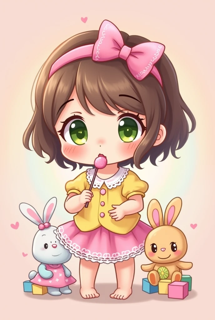 Kawaii, , pink, pink bows, brown hair, green eyes, cute cartoon girl, lace, pastel yellow, Young kid, lollipop in , baby blocks, stuffed animal bunny, pink skirt, yellow shirt, pink rainbow pastel background