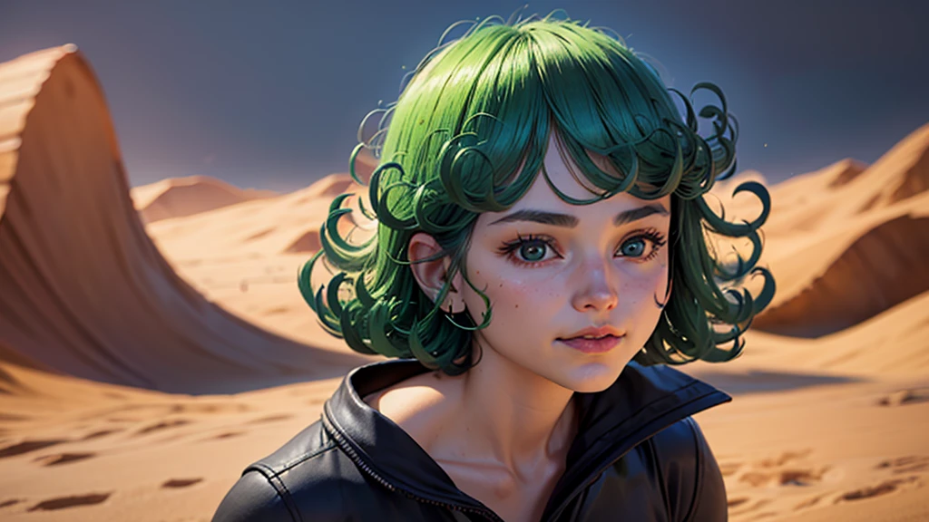 (work of art, best qualityer:1.4), (whole body), 1 girl, standing alone, out, in a desert with sand and dust, tatsumaki, (pelvic curtain:1.2), long sleeves, black gown, (hair green), shorth hair, medium breasts, beautiful smiling, beautiful face, high-detailed face, highly-detailed eyes, highly detailed skin, skin pore, underground dispersal, realisitic pupils, full-face blush, fleshy lips, Depth of field, volumetric lighting, sharp focus, absurderes, realisitic proportions, good anatomy, (realisitic, hyperrealisitic:1.4), 16k hdr