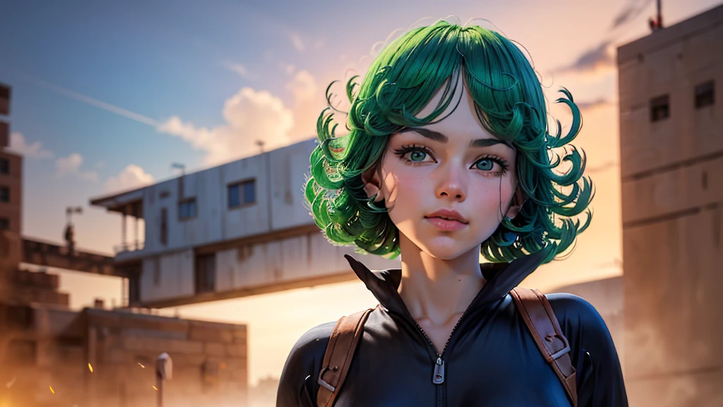 (work of art, best qualityer:1.4), (whole body), 1 girl, standing alone, out, in a desert with sand and dust, tatsumaki, (pelvic curtain:1.2), long sleeves, black gown, (hair green), shorth hair, medium breasts, beautiful smiling, beautiful face, high-detailed face, highly-detailed eyes, highly detailed skin, skin pore, underground dispersal, realisitic pupils, full-face blush, fleshy lips, Depth of field, volumetric lighting, sharp focus, absurderes, realisitic proportions, good anatomy, (realisitic, hyperrealisitic:1.4), 16k hdr