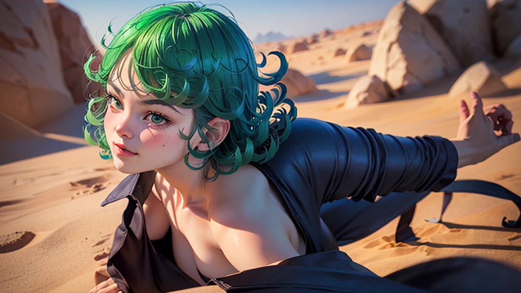 (work of art, best qualityer:1.4), (whole body), 1 girl, standing alone, out, in a desert with sand and dust, tatsumaki, (pelvic curtain:1.2), long sleeves, black gown, (hair green), shorth hair, medium breasts, beautiful smiling, beautiful face, high-detailed face, highly-detailed eyes, highly detailed skin, skin pore, underground dispersal, realisitic pupils, full-face blush, fleshy lips, Depth of field, volumetric lighting, sharp focus, absurderes, realisitic proportions, good anatomy, (realisitic, hyperrealisitic:1.4), 16k hdr