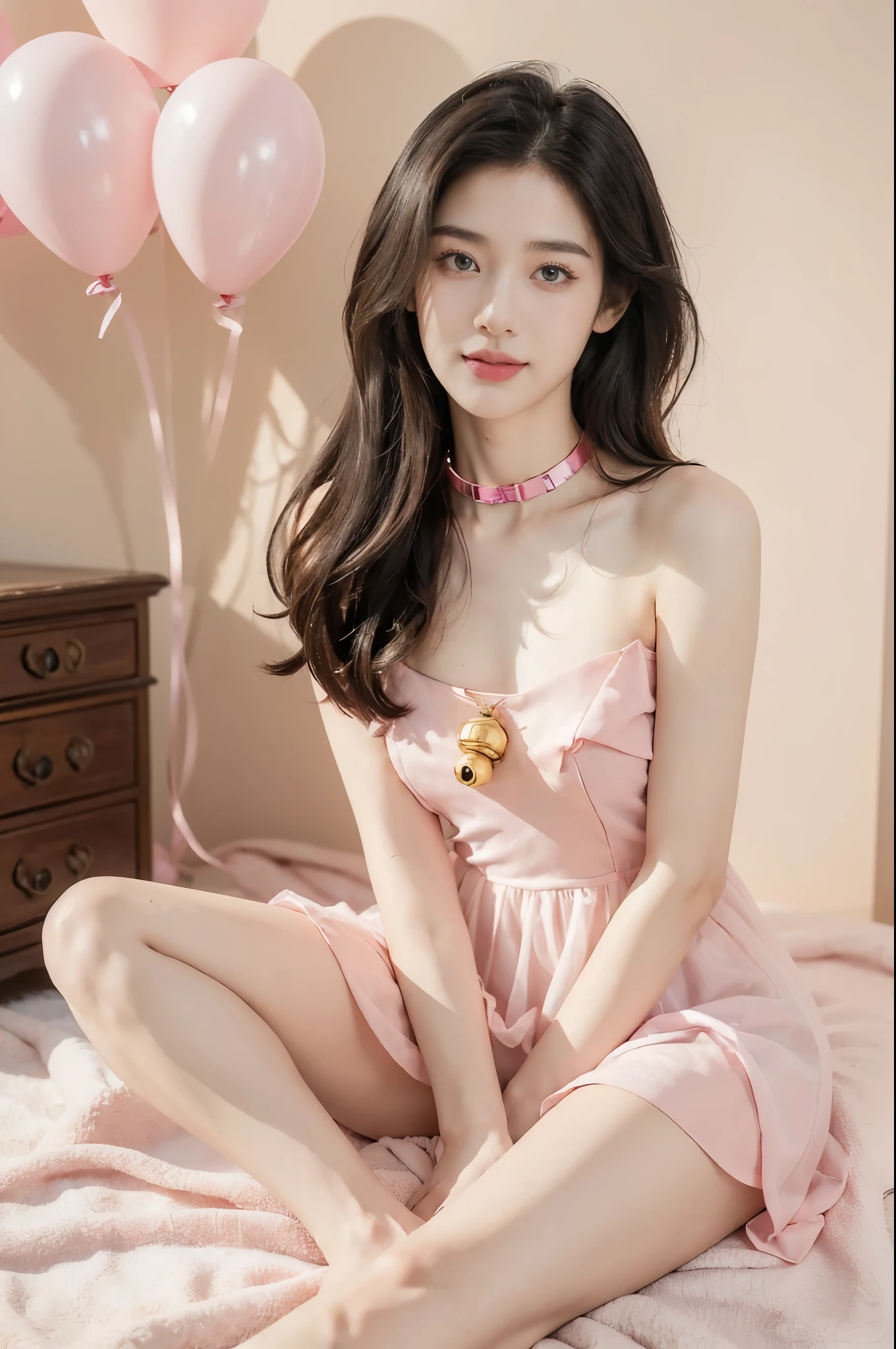 (((best quality))),(((ultra detailed))),(((masterpiece))),illustration,((1girl,solo)),(shoulder-length straight bob:0.8),(black hair:1.3),((bright eyes,flawless skin)),((slim,thin)),((small breasts,flat chest)),(dog collar with a bell:1.2),(pink sheer dress:1.3),(slender legs:1.2),(loafers:1.2),sweetheart neckline,innocent yet alluring,(In a pink princess theme bedroom:1.3),(sitting on the colorful gift box:1.3),wonderful expression,big bows,festive atmosphere,balloons and streamers,sunlight streaming in,radiant smile,anticipation,joy and excitement,capturing a moment of pure happiness,((from front,full body))
