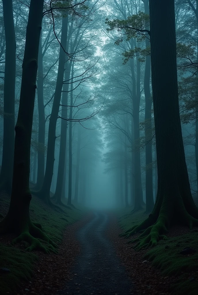 a forest in the dark and rainy