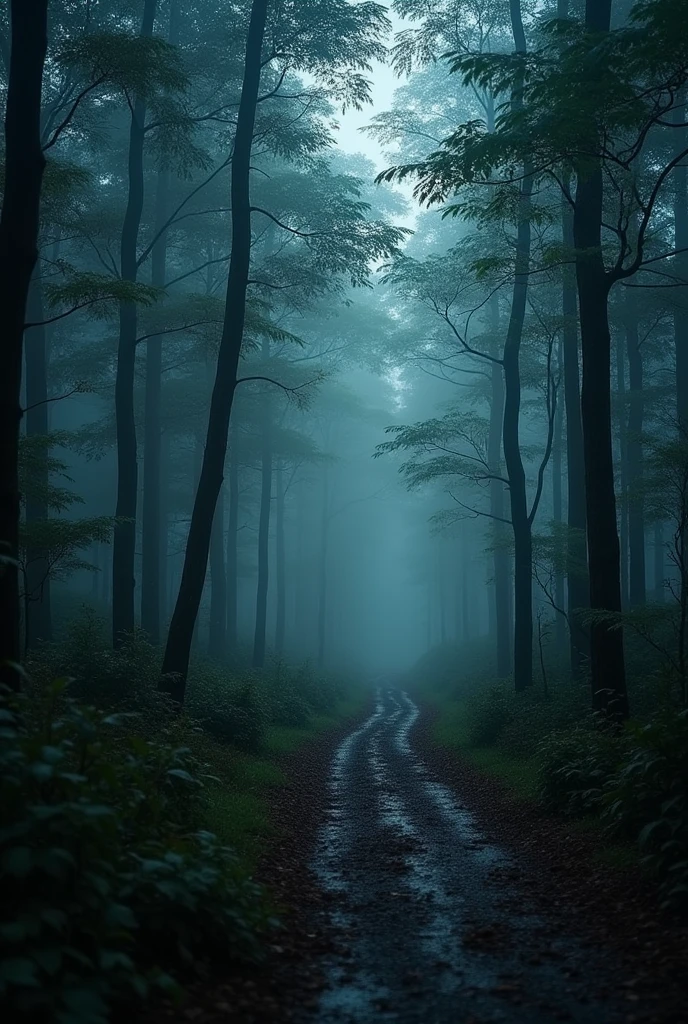a forest in the dark and rainy