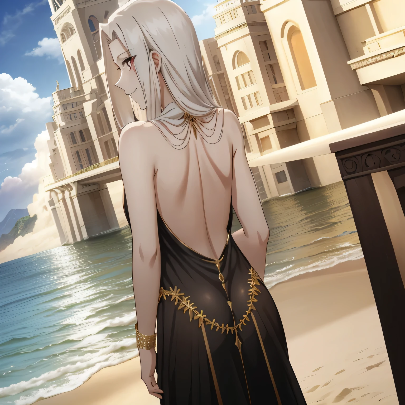 Irisviel, beautiful black with gold sheer dress sleeveless,solo,,arm at side, in beach,angle from behind,from behind neck,looking at viewer from behind,Irisviel beautiful back,smiling from behind,